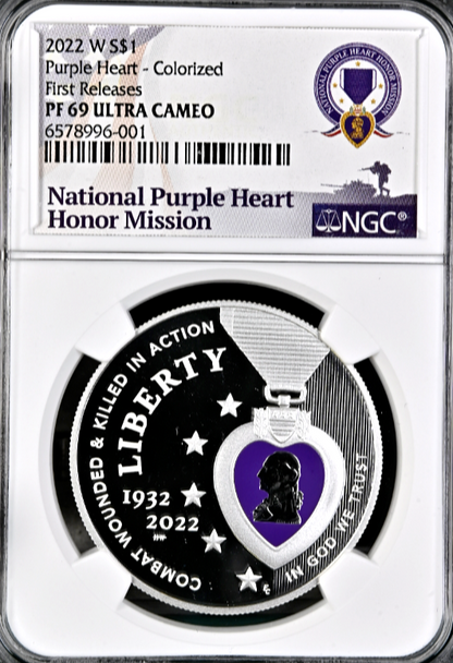 💜2022 W Colorized Purple Heart Silver Dollar NGC PF69 Ultra Cameo First Release