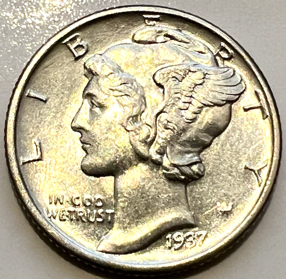 90% Silver 1937 AU/BU Winged Mercury Dime 10c Bright White Shine White Coin
