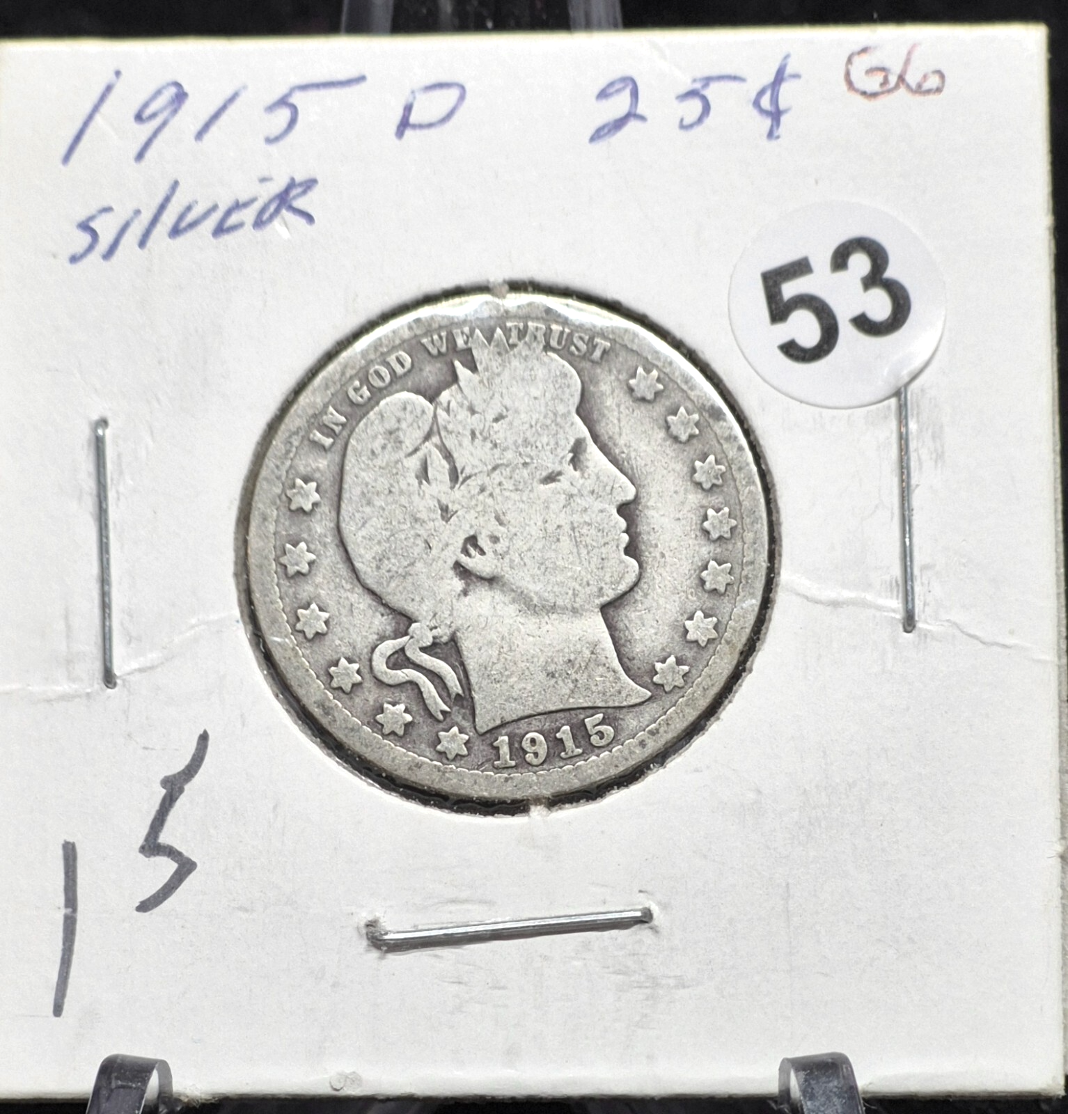 1915 D Barber Silver Quarter 90 % SILVER Vintage Coin Raw Circulated Condition