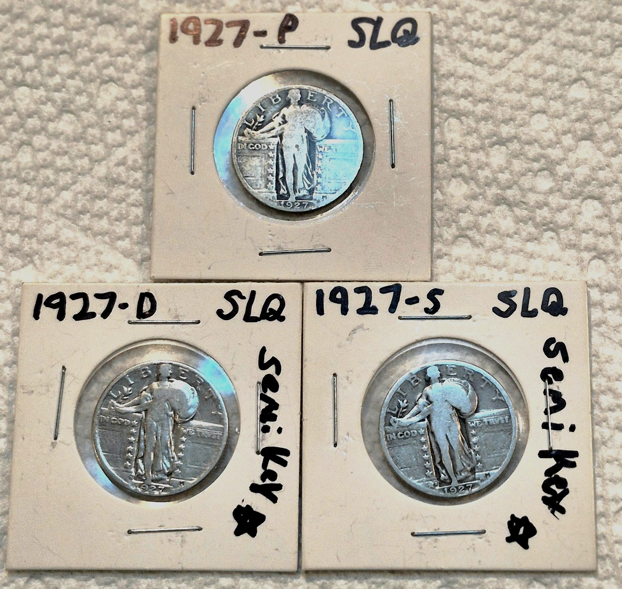 1927S, 1927D, 1927P US Standing Liberty 90% Silver Quarters Strong VG+ Features