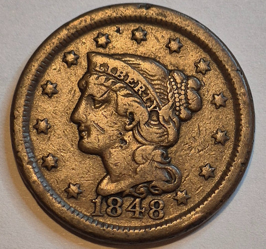 1848 1C BN Braided Hair Cent N1 R1 GSID 1138 VF+ Features