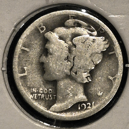 1921 Mercury 90% Silver Dime 10c - VG Features- Scarce Hard to Find Key Date. IP