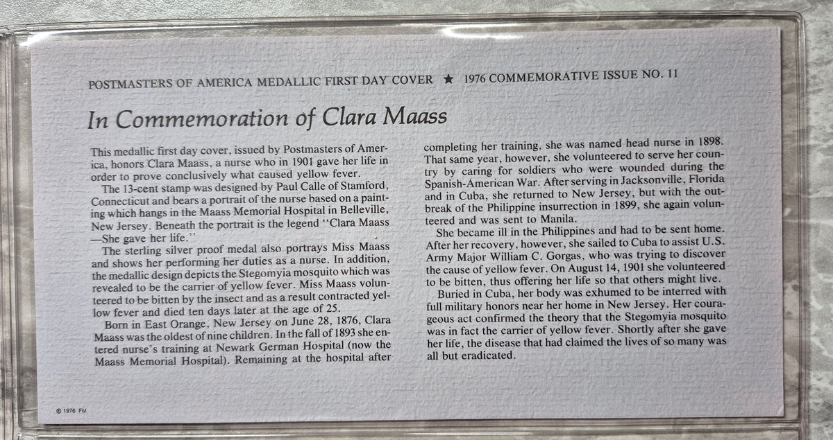 1976 Postmasters of America Clara Maass Sterling Silver Proof Medal FDC Set