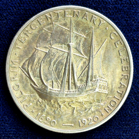 1920 Pilgrim Commemorative Half Dollar 50C - 90% Silver - Incredible Toning