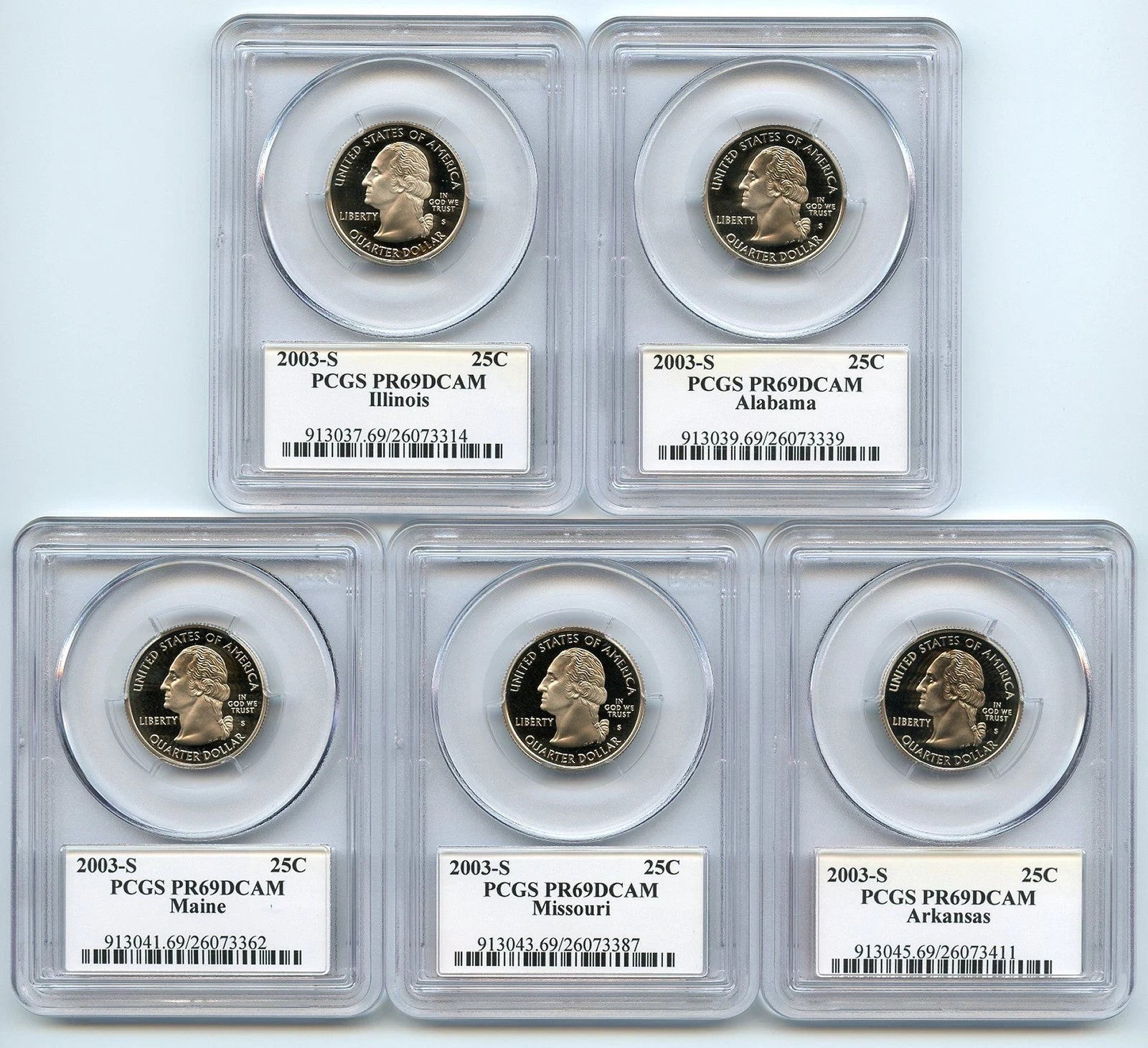 🔥 2003 S 5 Coin State Quarter Set PCGS PR69DCAM IL AL ME NO AR Flag Labels