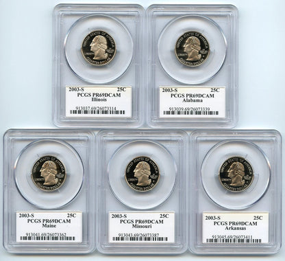 🔥 2003 S 5 Coin State Quarter Set PCGS PR69DCAM IL AL ME NO AR Flag Labels