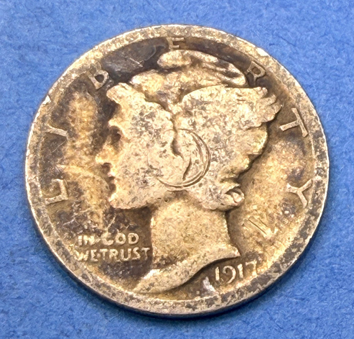 1917 Mercury Dime 10C G Good Golden Toned 90% Silver Winged Liberty US Coin