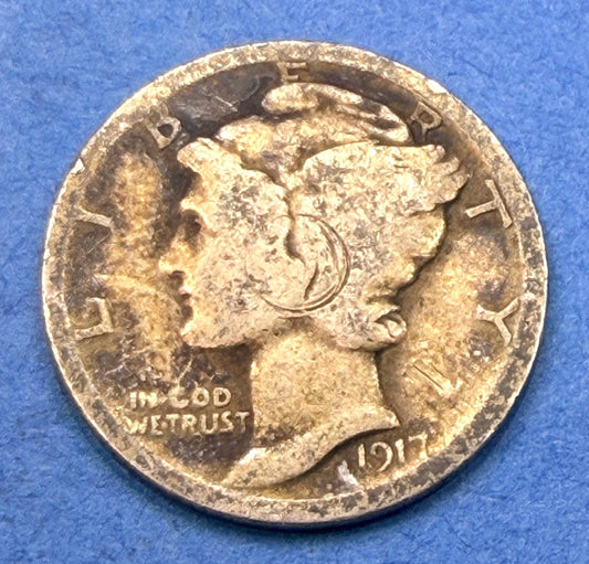 1917 Mercury Dime 10C G Good Golden Toned 90% Silver Winged Liberty US Coin