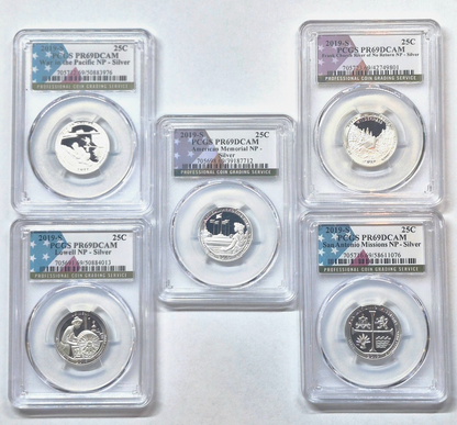 2019 S National Parks 5 Coin Silver Quarter Set PCGS PR69DCAM Special Flag Label