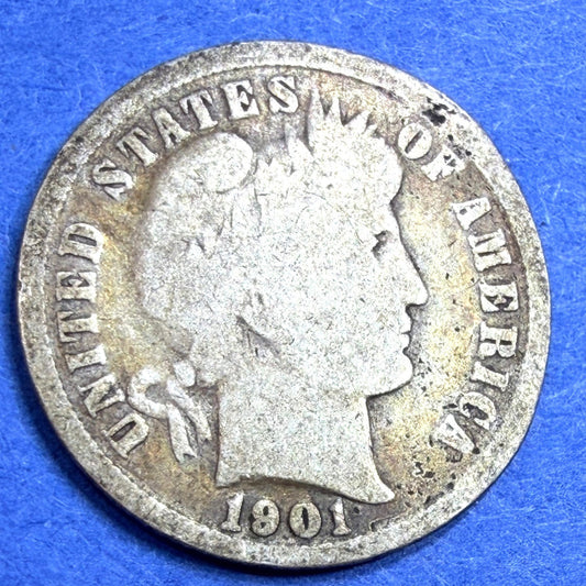 1901 Barber Dime 10C G Good 90% Silver Philadelphia Liberty Head Antique US Coin