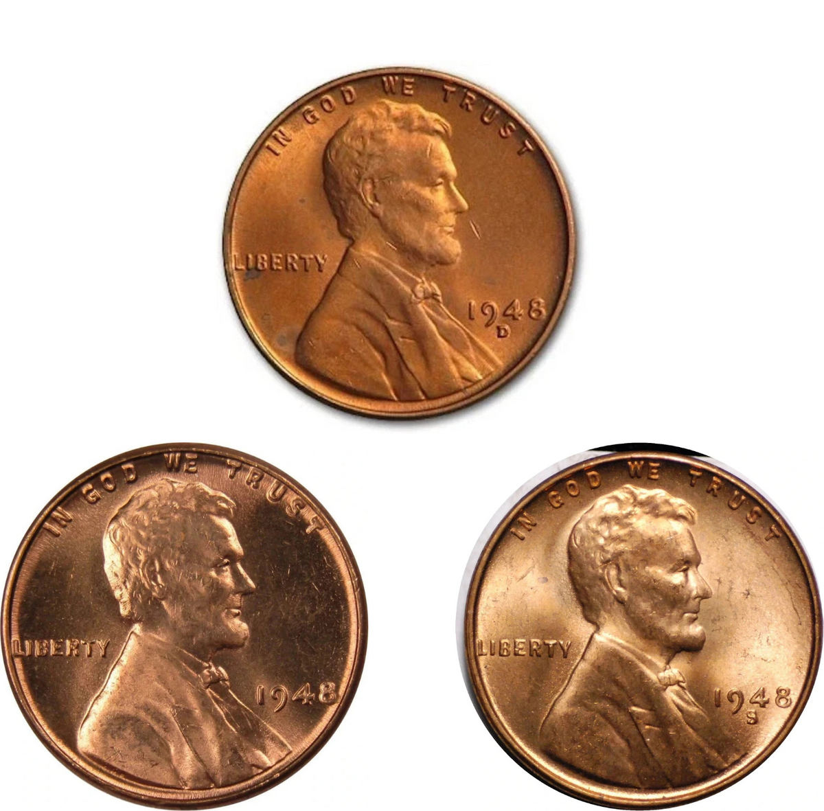 {3 Coin Set} 1948 P/D/S Lincoln Wheat Cent Choice GEM BU 1c Uncirculated Coins
