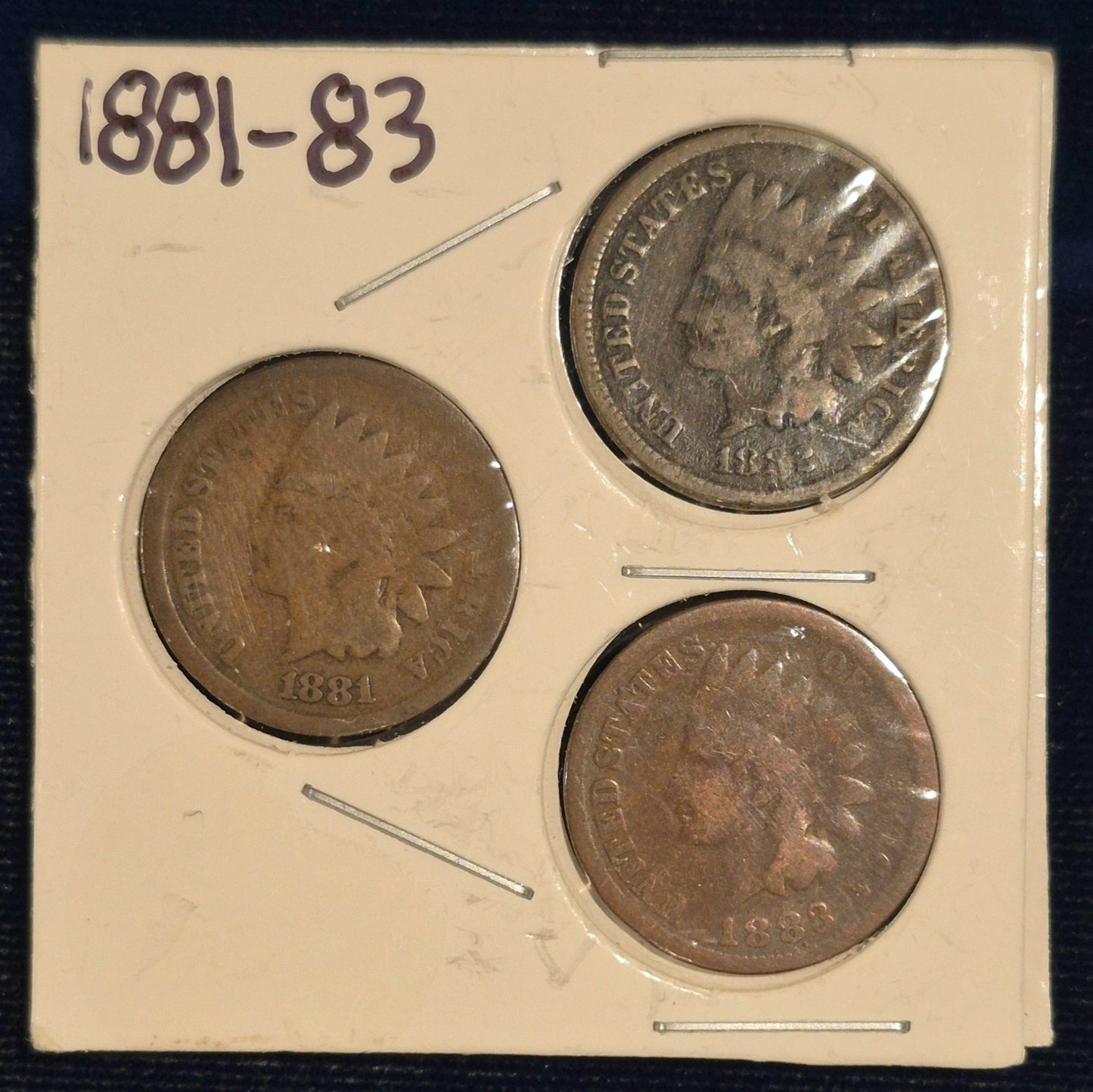 1881-1882-1883 LOT OF (3) INDIAN HEAD CENTS , G-VG Features, Exact Coins Shown