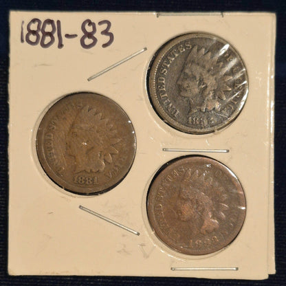 1881-1882-1883 LOT OF (3) INDIAN HEAD CENTS , G-VG Features, Exact Coins Shown