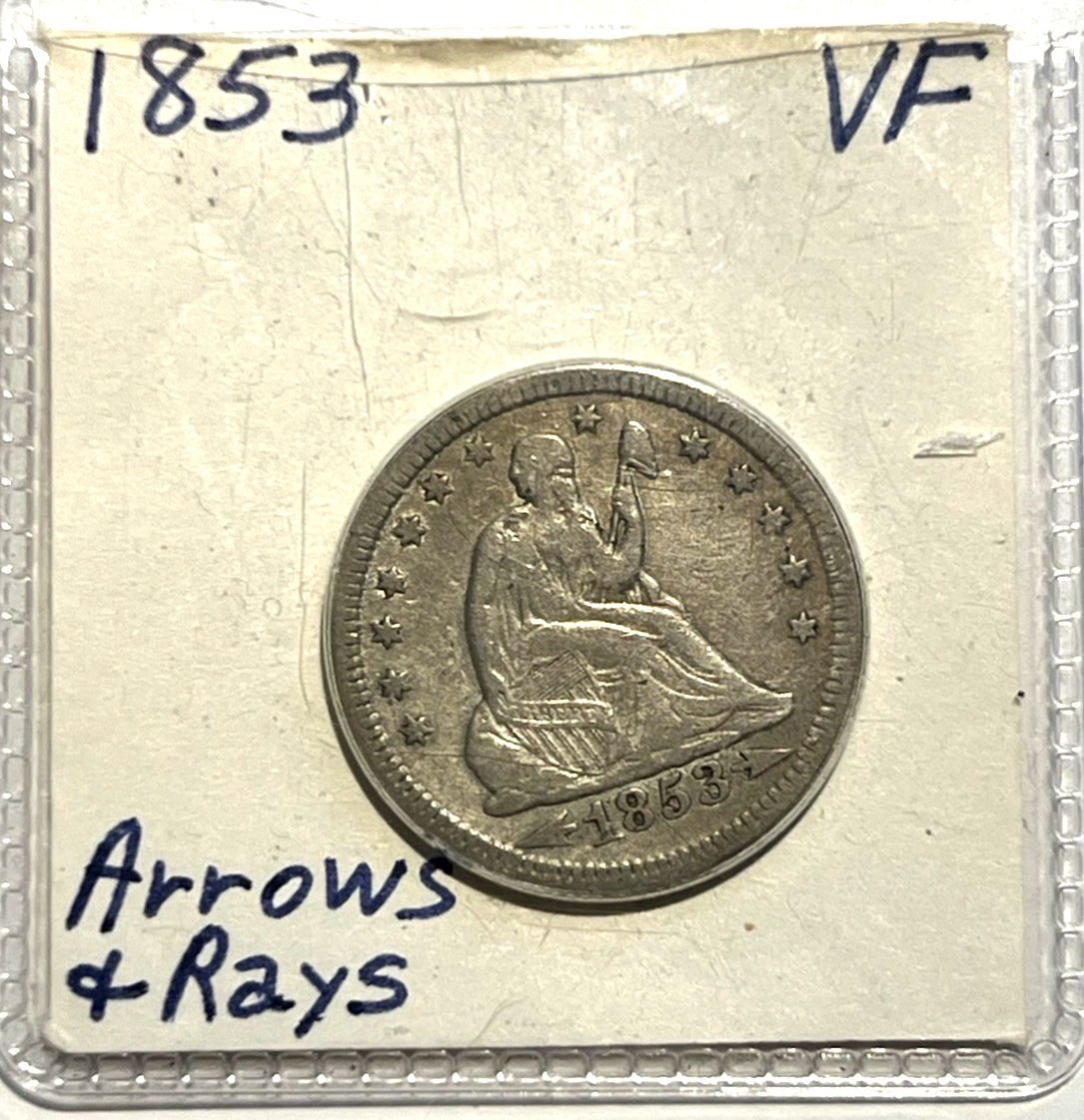 ⭐️ 1853 Arrows and Rays Seated Liberty Quarter VF+ Features Coin 90% Silver 25C