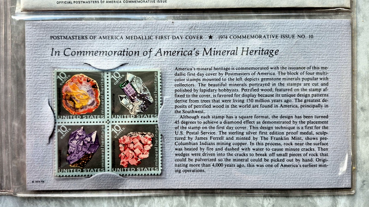 1974 Postmasters of America Mineral Heritage Sterling Silver Proof Medal FDC Set