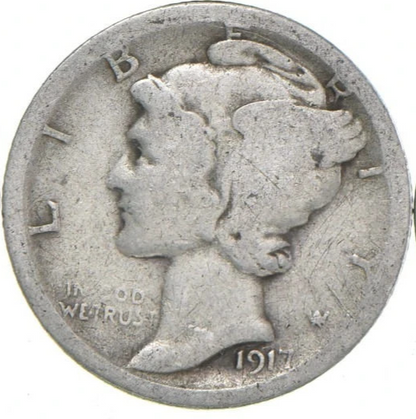 1917-S Mercury 90% Silver Dimes G-VG (Good - Very Good) Average Circulated