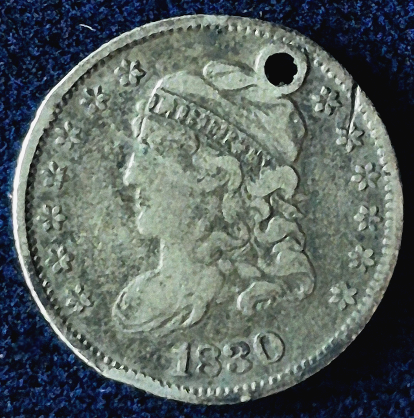 1830 Capped Bust Half Dime .8924 Silver, VF+ Features -Holed -US Early R- 4.5