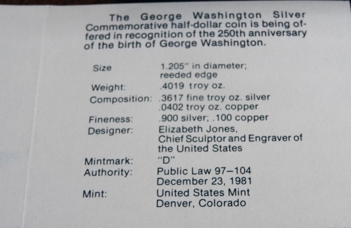 1982-D George Washington Commemorative Half Dollar 90% Silver BU Unc Box & COA