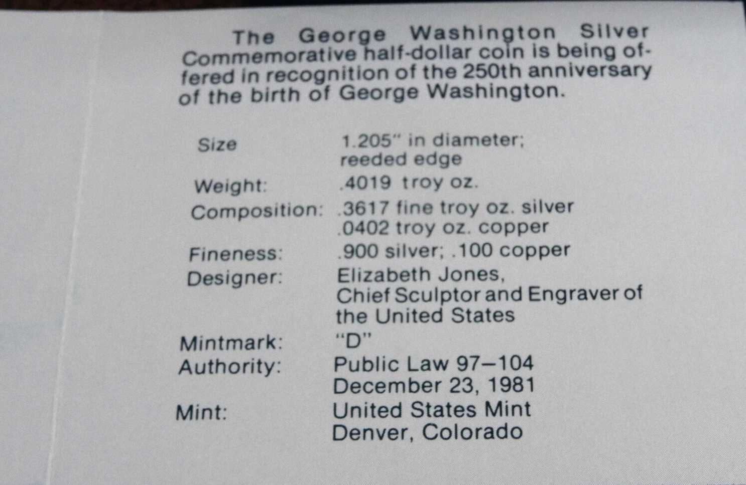 1982-D George Washington Commemorative Half Dollar 90% Silver BU Unc Box & COA