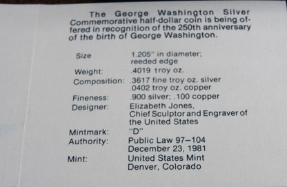 1982-D George Washington Commemorative Half Dollar 90% Silver BU Unc Box & COA