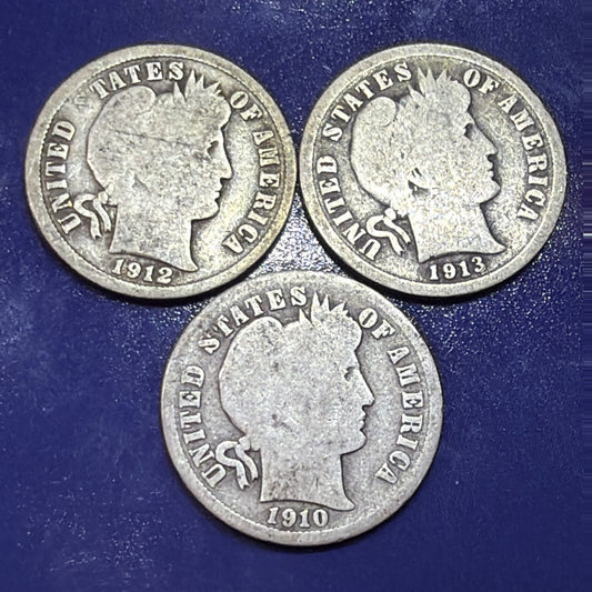 1910 1912 1913 Barber Dime 10C Lot of 3 G Good 90% Silver US Coins