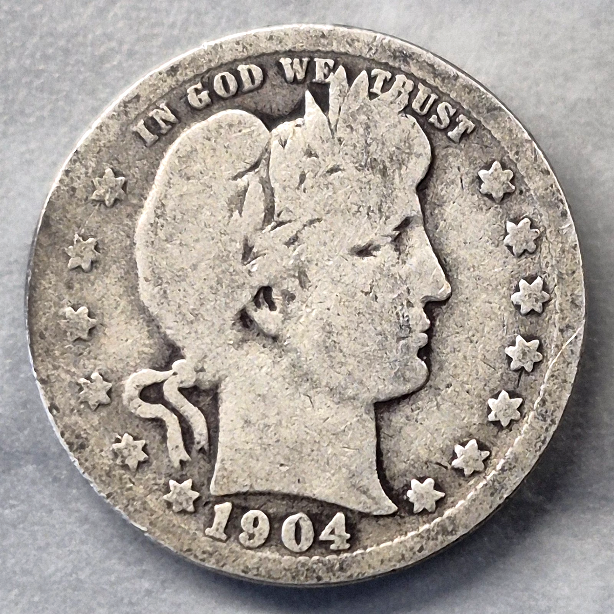 1904 Barber Liberty Head Quarter 25C 90% Silver Philadelphia US Coin Good