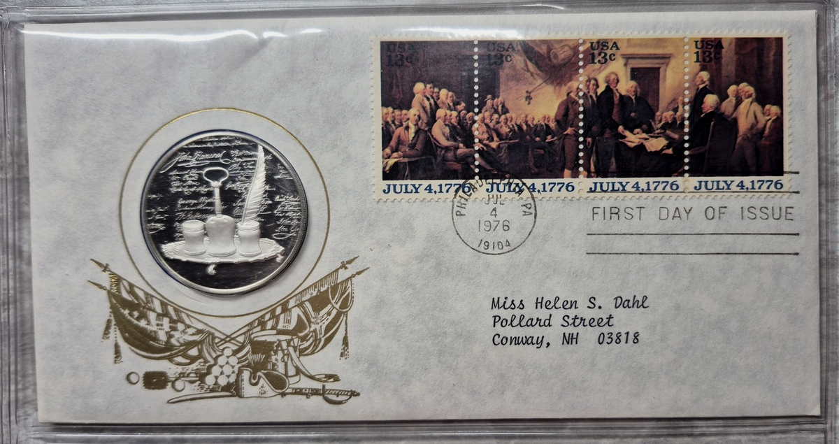 1976 Postmasters of America Declaration of Independence Sterling Proof Medal FDC