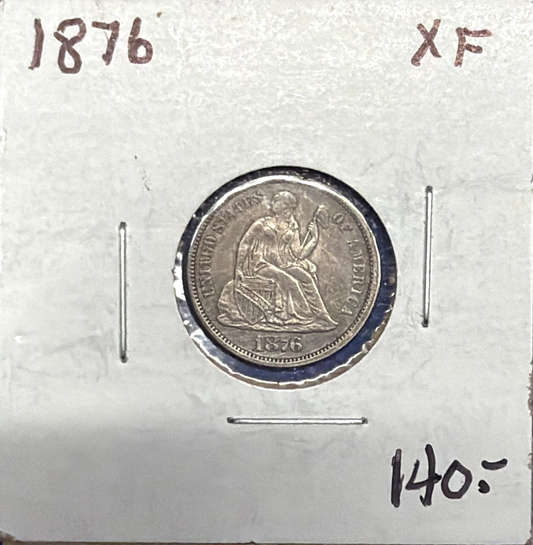 1876 P Seated Liberty 90% Silver Dime High Grade XF + Appearance VERY Nice Coin