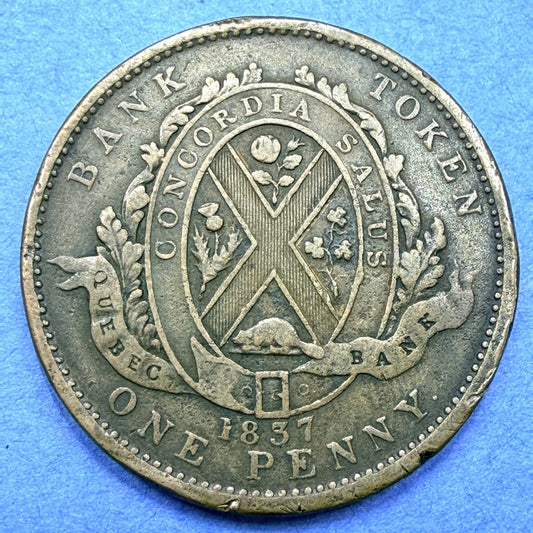 1837 Quebec Bank Habitant Token One Penny Deux Sous Lower Canada Breton 521 F