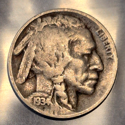 1934 Buffalo Nickel 5C Indian Head Five Cents Philadelphia Full Bold Date VG+