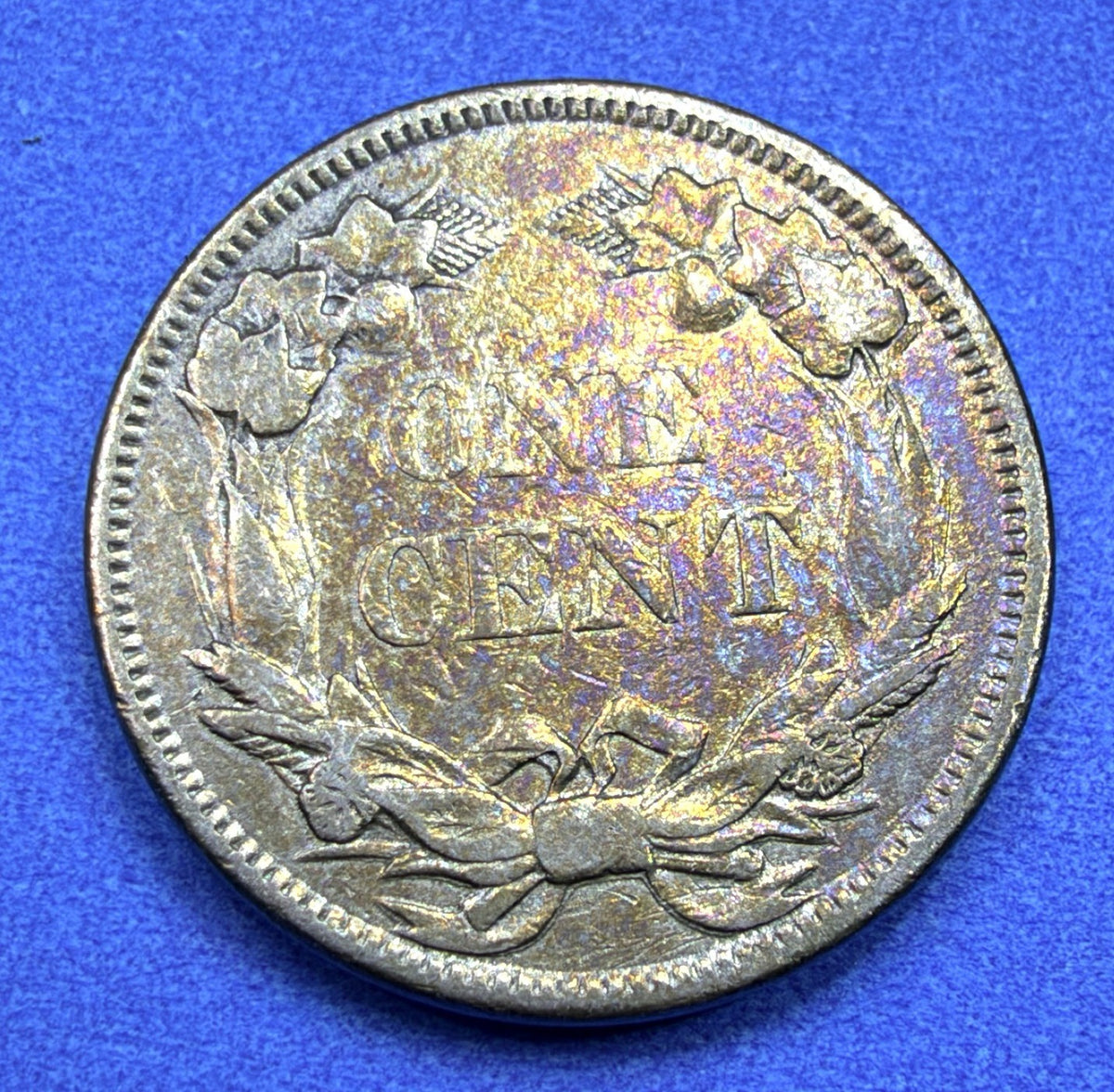 1858 Flying Eagle Cent XF Rainbow Toner Purple Gold Large Letters Low Leaves?