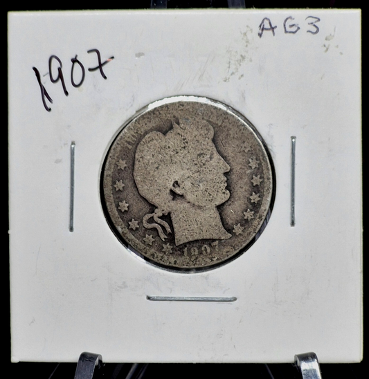 1907 Barber Silver Quarter 90% SILVER Coin Raw Circulated AG or Less Features 25