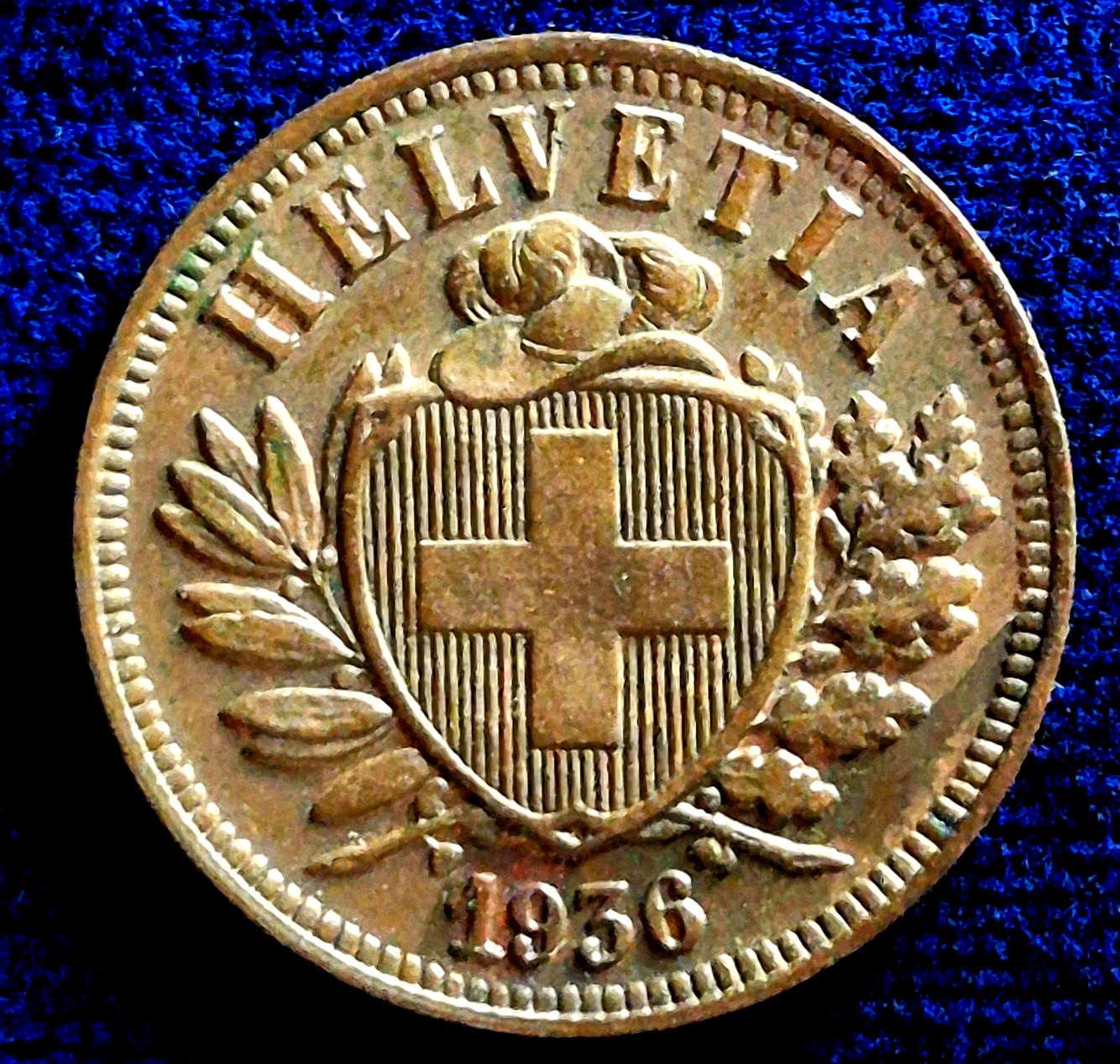 1936 B Switzerland 2 Rappen Bronze Coin AU-MS Features Low 500K Mintage KM#4.2a