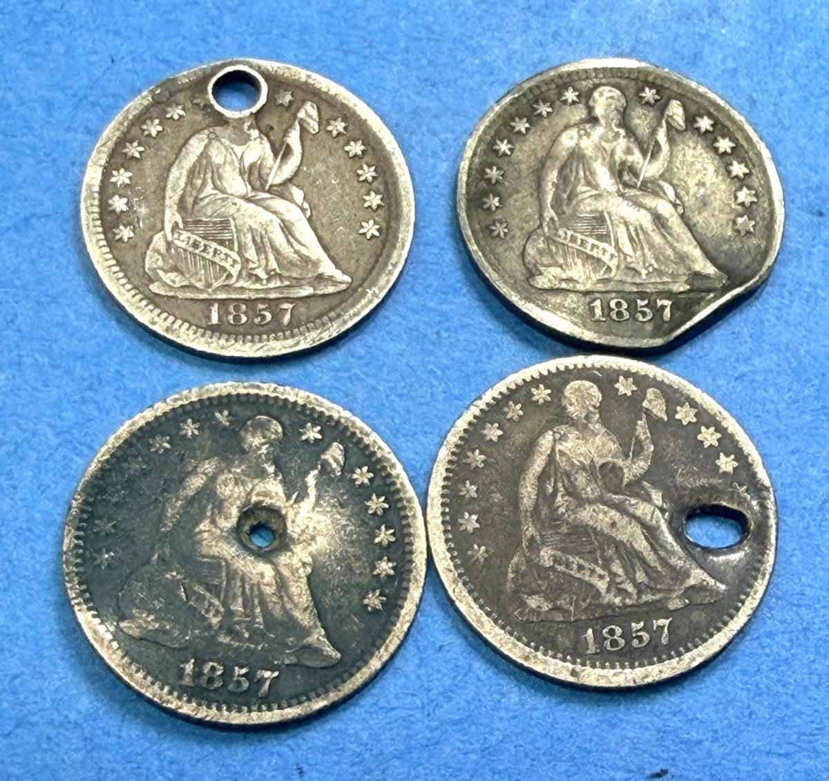 LOT of 4 1857 Seated Liberty Half Dime 90% Silver Holed Clipped Hole Fillers