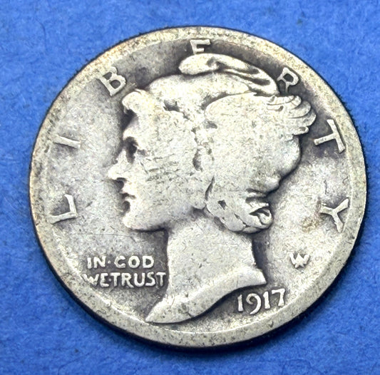 1917 Mercury Dime 10C F Fine W E Counterstamp Counterstamped 90% Silver US Coin