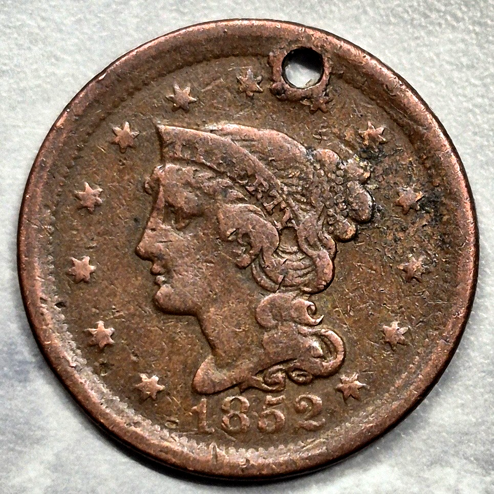 1852 Braided Hair Large Cent 1C Coronet Head Pre-Civil War US Copper Coin VG