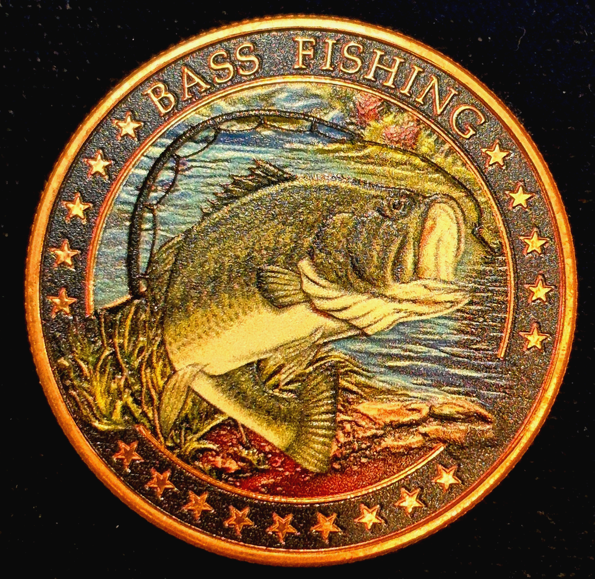 1oz Reverse Proof Bass Fishing .999 Copper Colorized Round US Flag Rod and Reel