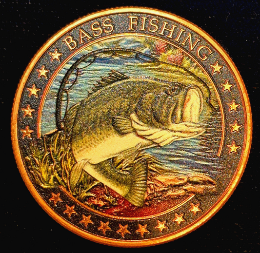 1oz Reverse Proof Bass Fishing .999 Copper Colorized Round US Flag Rod and Reel