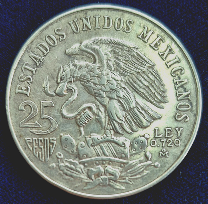 1968-Mo 25 Peso Olympic .720 Silver Plata AU+ High Center Ring Straight Tongue