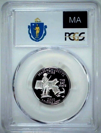 ✅ 2000-S Massachusetts 90% SILVER Washington Quarter ~PCGS PR69DCAM State Flag
