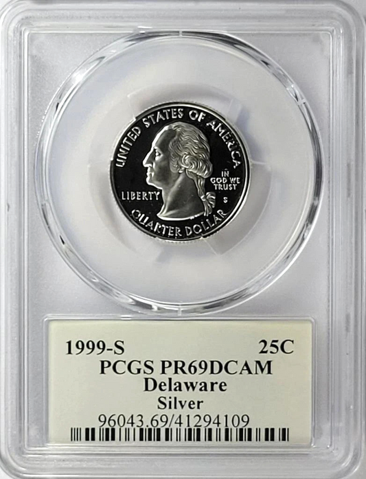 ✅ 1999-S Delaware 90% SILVER Washington Quarter ~ PCGS PR69DCAM State Flag Label