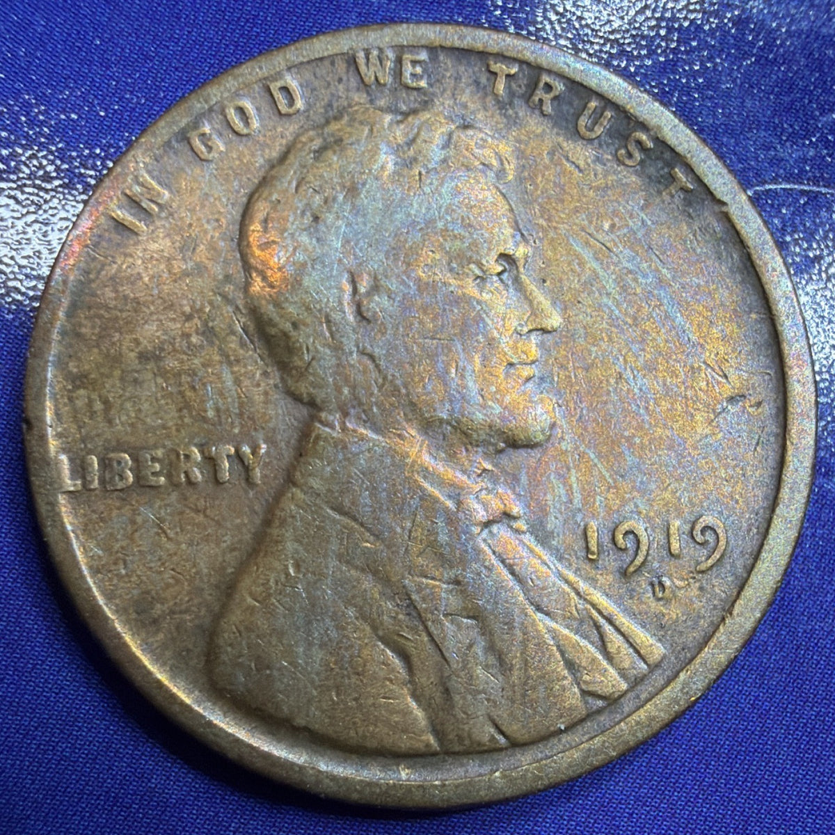 1919-D Lincoln Wheat Cent 1C F-VF Toned Brown US Coin Denver
