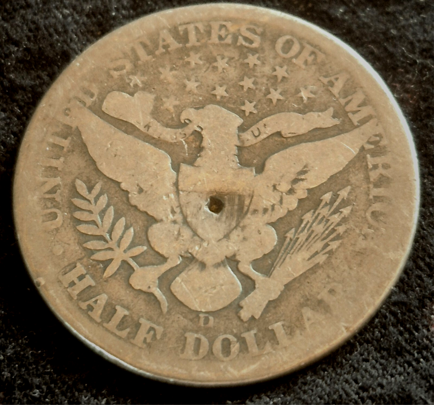 1908 D Barber Half Dollar 90% Silver Strong G+ Features 50C Hole On Reverse