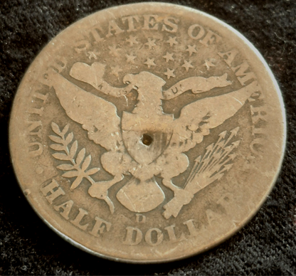 1908 D Barber Half Dollar 90% Silver Strong G+ Features 50C Hole On Reverse