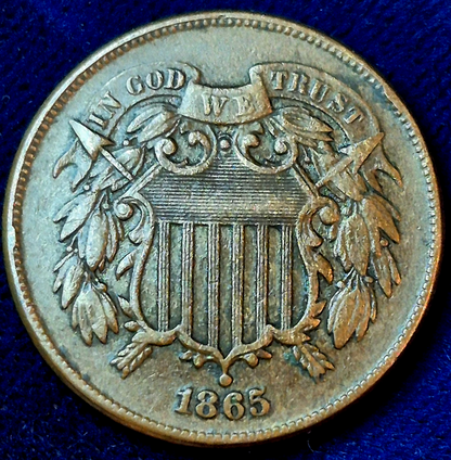 1865 2 Cent Piece Bold XF-AU Features, Strong "We", 1st Coin Made With Motto 2C
