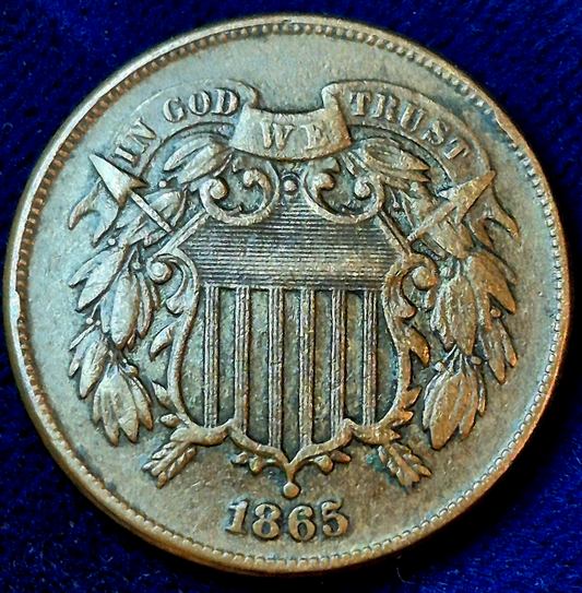 1865 2 Cent Piece Bold XF-AU Features, Strong "We", 1st Coin Made With Motto 2C
