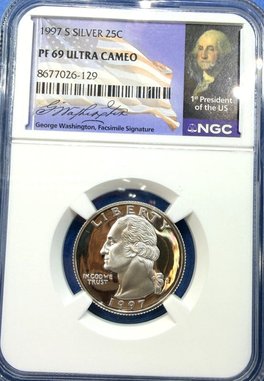 1997-S Washington Quarter 25C NGC PF69 Ultra Cameo 90% Silver Gem Proof Coin