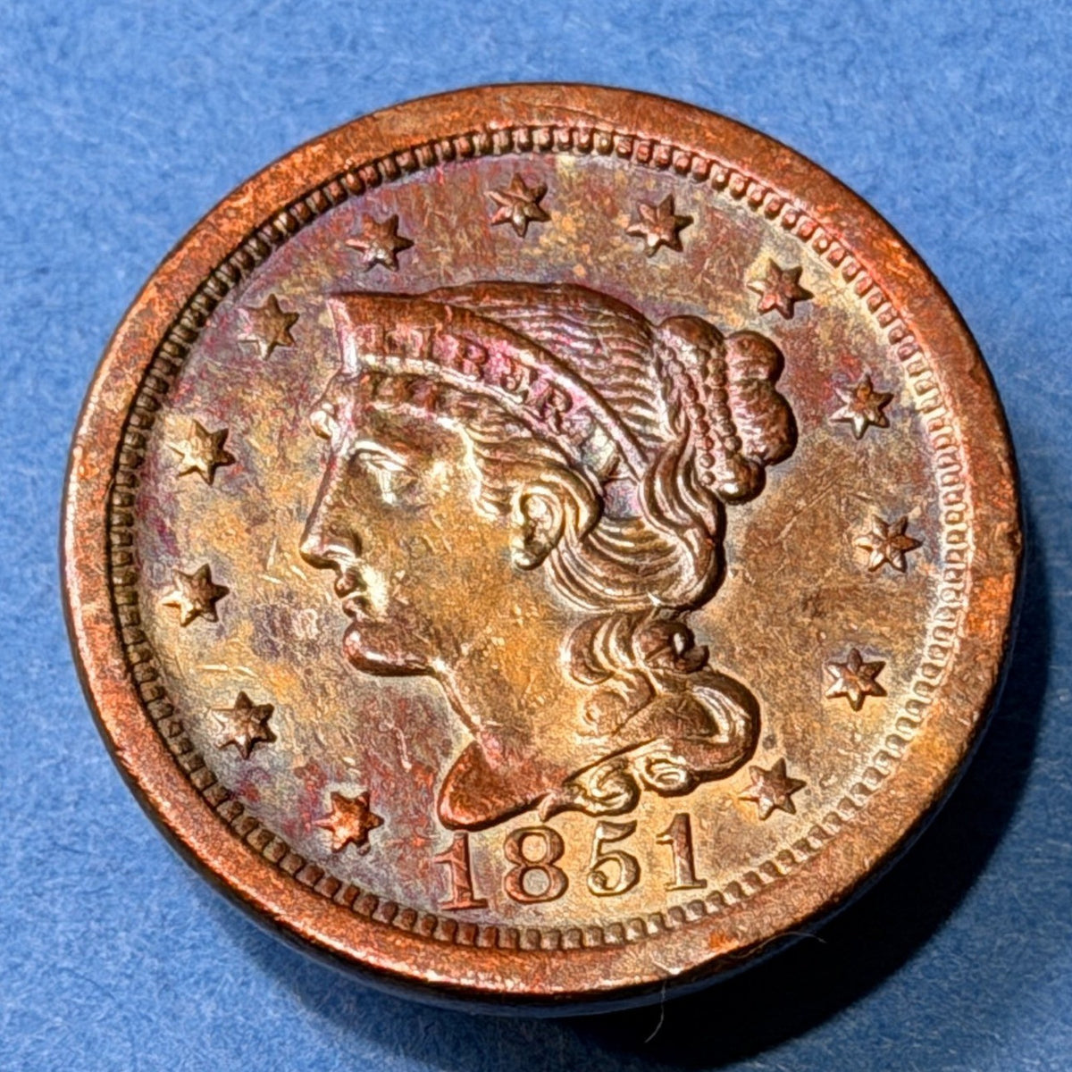 1851 Braided Hair Large Cent 1C XF-AU Rainbow Toned Copper Penny US Coin