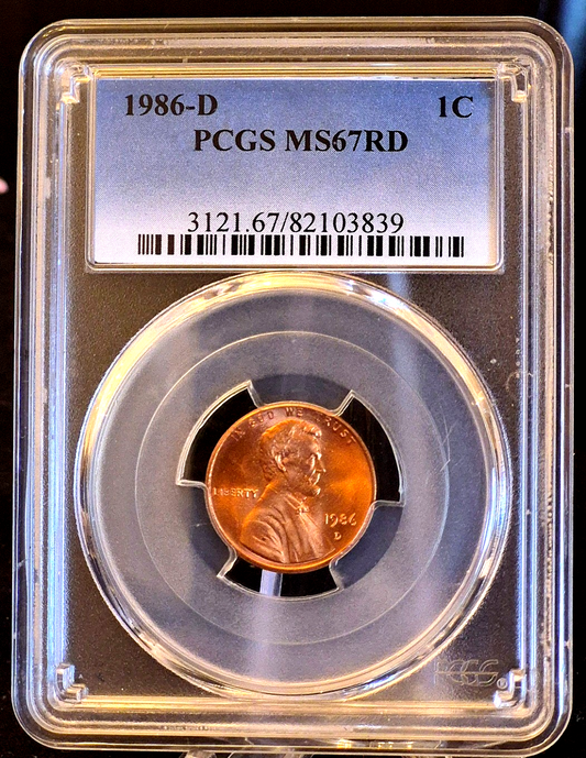 1986 Lincoln Cent PCGS Graded a Very High MS67 BRILLIANT RED