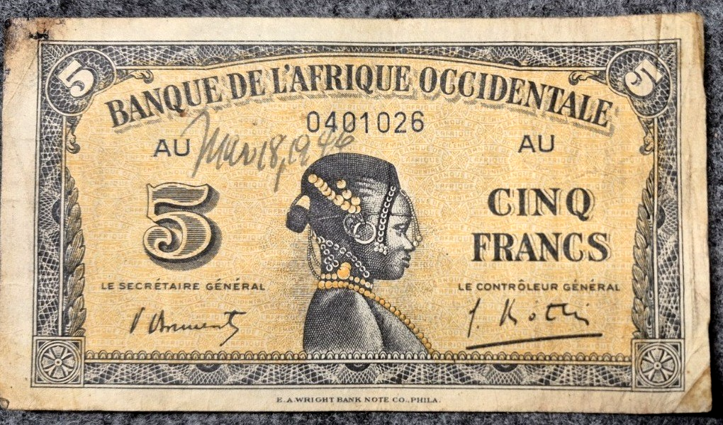 1942 French West Africa 5 Francs Banknote P-28b WWII E.A. Wright Printing Fine